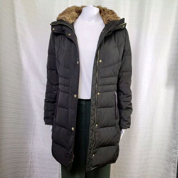 COLE HANN Signature Taffeta Down Coat Faux Fur Collar Brownish Green Women's S - Picture 1 of 16